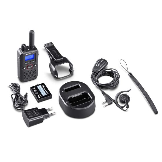 What's in the box - Chargeur, clip ceinture, batterie, oreillette, dragonne, talkie