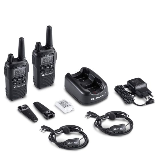 Photo unboxing : Chargeur socle, batterie, chargeur secteur, oreillettes confort MA21-Li, clip ceinture et 2 radios