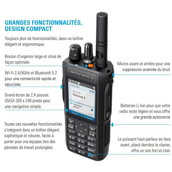 Motorola R7 Premium VHF avec écran et clavier - talkie walkie avec licence - MDH06JDN9XA2AN - PTI Bluetooth GPS - schéma