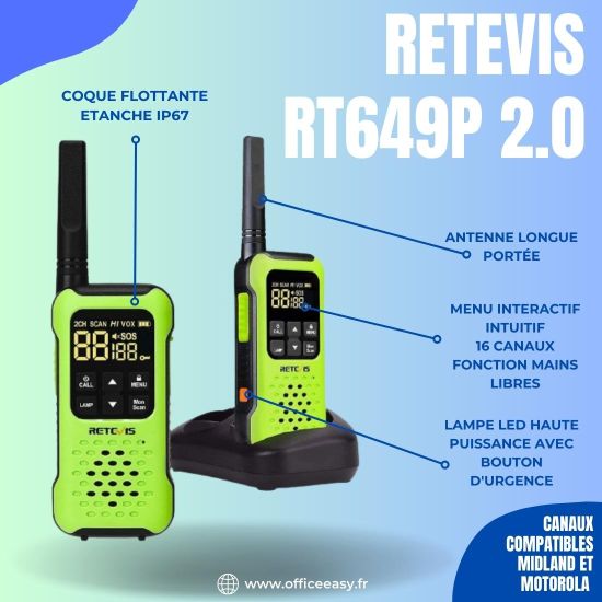 Retevis RT649P 2.0 - Talkie-walkie flottant et étanche PMR446 - avec socle chargeur