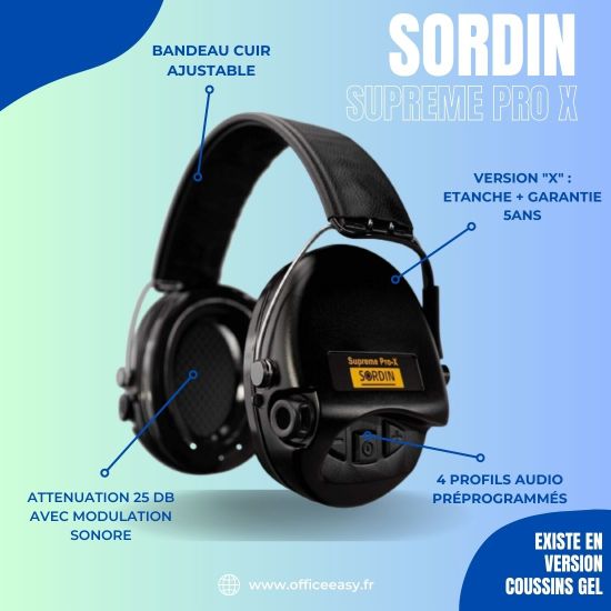 Sordin SUPREME PRO X Noir - Serre-tête - Casque antibruit avec modulation sonore - 75302-X/L-02-S
