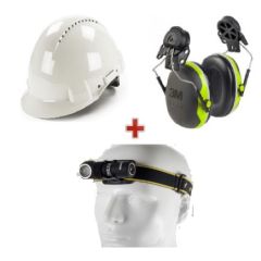 casque de chantier et protection auditive + lampe frontale