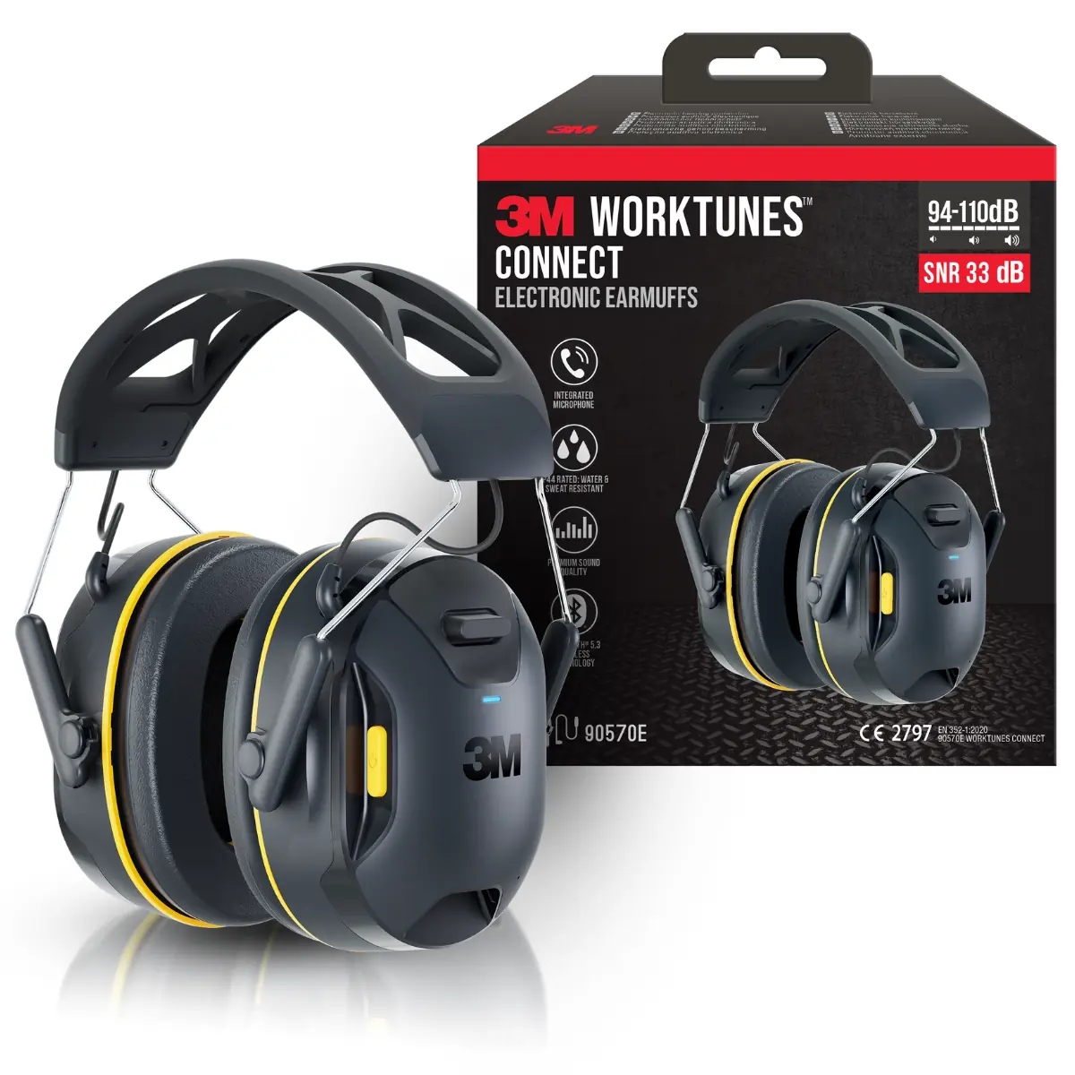 Packaging du casque 3M Worktunes Connect SNR33, conforme norme EN352-1-2020