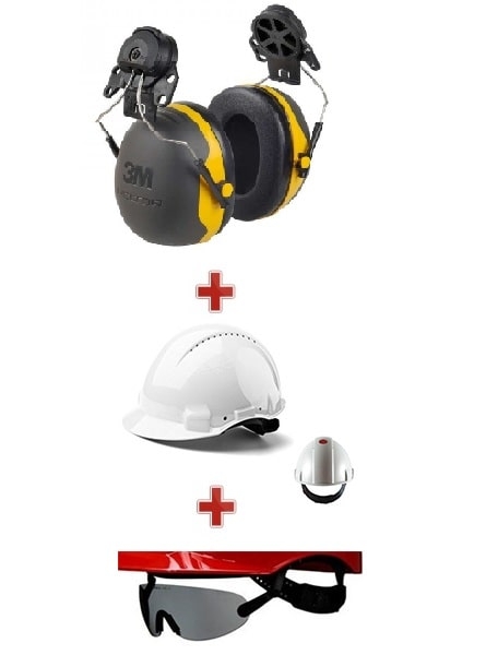 casque de chantier avec lunette et protection auditive