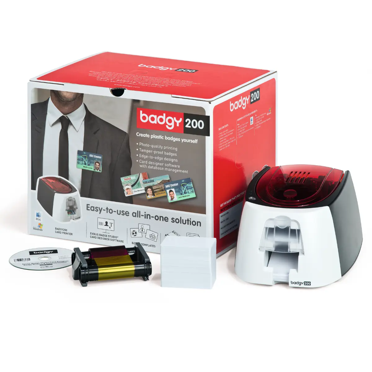 Imprimante Badgy 200 avec accessoires : câble, ruban, cartes PVC et emballage