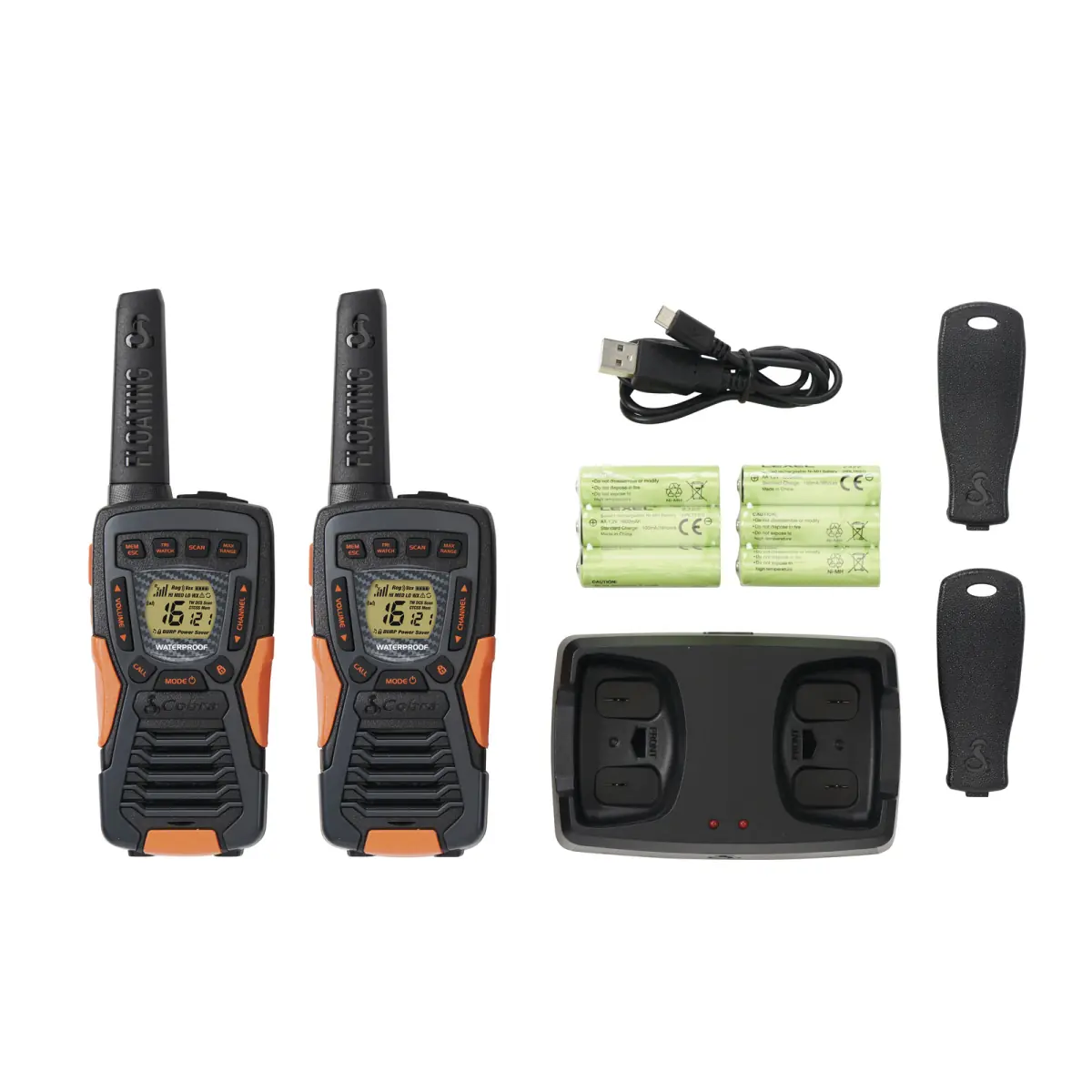 Contenu de la boîte Cobra AM 1055 FLT : Chargeur, base, clip et talkies 