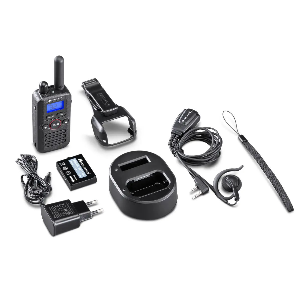 Contenu de la boîte : Chargeur secteur, Dragonne, Clip ceinture pivotant, Oreillette, Batterie, Socle