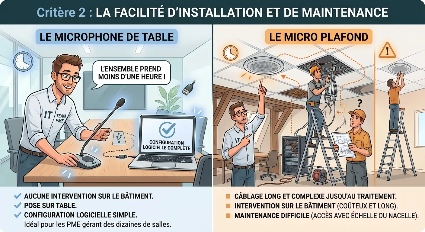 Schéma comparatif illustrant la zone de captation d'un micro de table vs un micro plafond dans une salle type