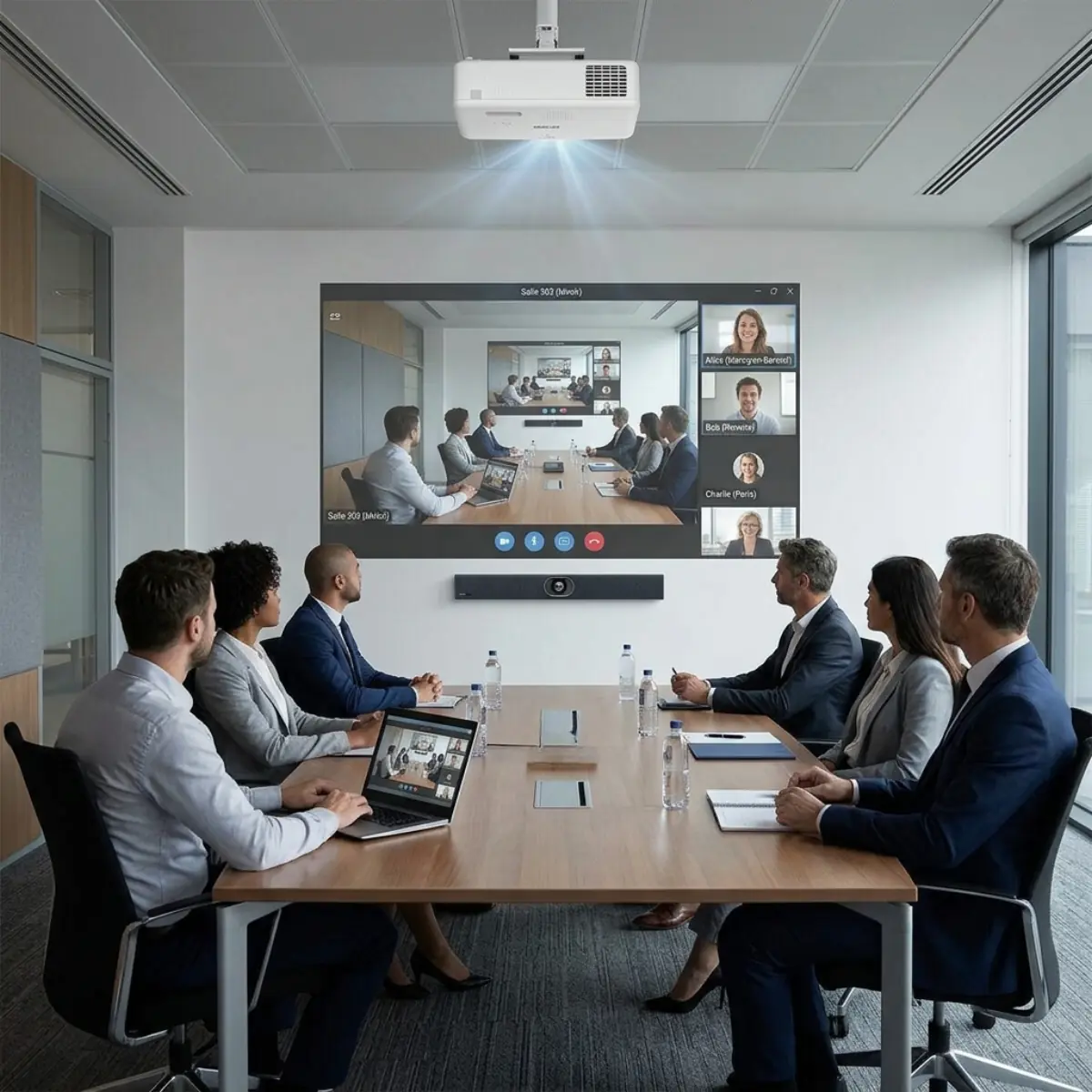 Barre de visioconférence et vidéoprojecteur en salle de réunion